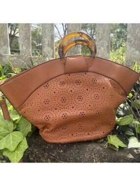 Carlos Santana Tan Faux Leather Shoulder Bag Tortoise Shell Ring Purse Crossbody
